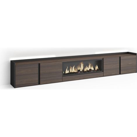 Skraut Home - Mobile TV Soggiorno, Ampio spazio a disposizione, 315x35x50cm, Per TV fino a 80", Camino elettrico XXL, LED, Stile moderno, Rovere scuro e Nero