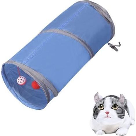 Tunnels Interactif, pliable et léger en tissu Froissé avec pompon et cloches pour chats, petits lapins, chatons, chiots, furets ou cochons d’Inde-bleu fonce (1/5)