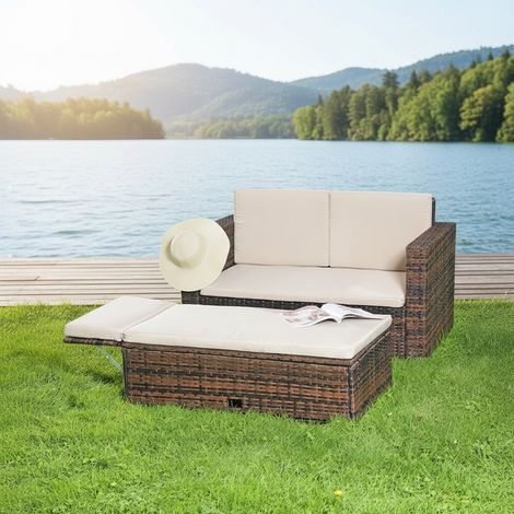 Melko Gartensofa mit Tisch klappbar Braun Polyrattan Sitzmöbel Gartenset Sofa Bank
