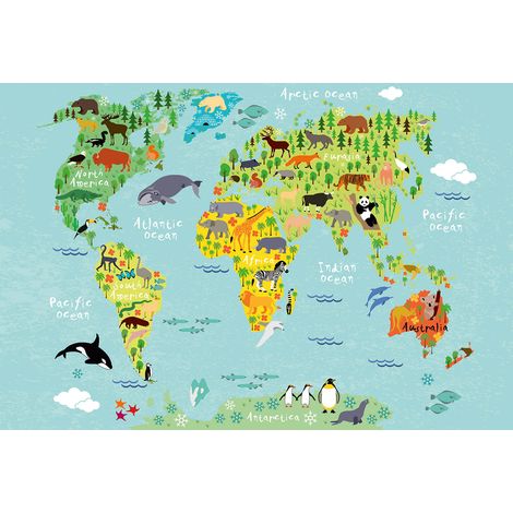 Papier peint panoramique chambre enfant carte du monde | Tapisserie panoramique chambre bébé bleu & vert | Papier peint panoramique animaux - 384 X 260 cm (8 pièces) (1/2)