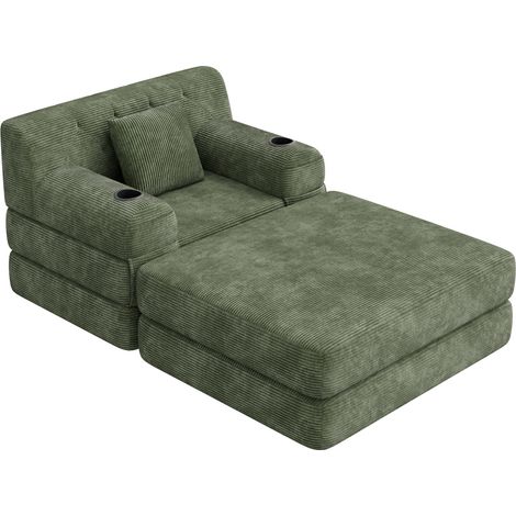Fauteuil convertible 1 place en velours côtelé avec repose-pieds, cadre métal, avec 2 porte-gobelets et 4 poches latérales, vert (1/5)