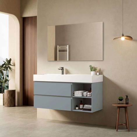 Mobile bagno sospeso 120 cm Blu Avio Lavabo a Sinistra in Resina Specchio Quadro - Fiji Paint Plus (1/4)