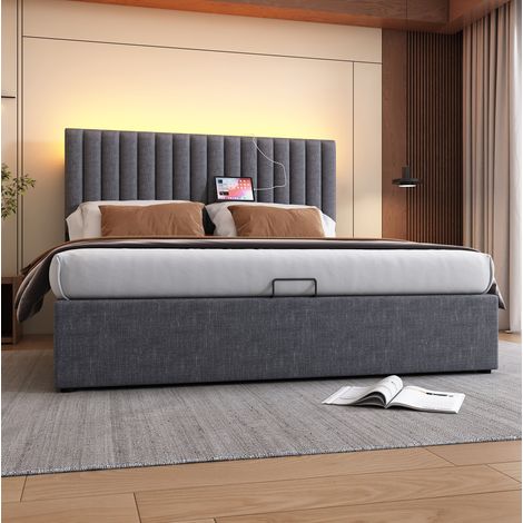 Lit rembourré 160x200 cm avec coffre, tête de lit LED réglable USB et Type-C, sommier à lattes, gris (1/5)