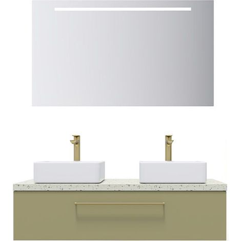 Meuble de salle de bain suspendu 2 vasques à poser 120cm 1 tiroir Vert olive + miroir - Glasgow (1/5)