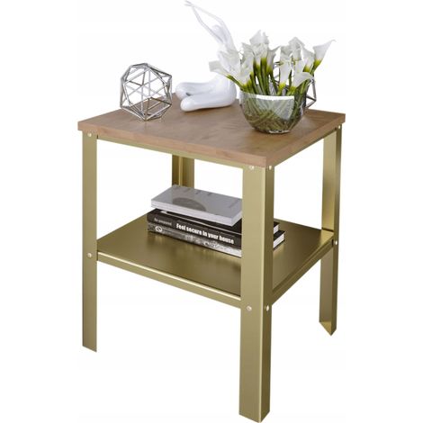 Verschraubter Tisch mit Ablage im Loft-Industrie-Stil, 40x40x45 cm, Gold+Eiche, Lancelot (1/4)