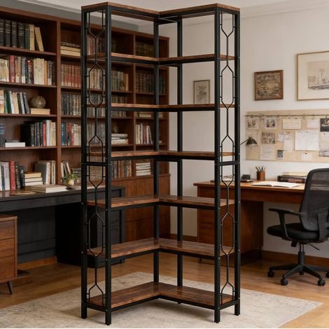 Étagère d'angle industrielle 7 niveaux, 200 cm, noire et marron HAVRYA (1/5)