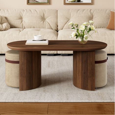Tavolino ovale 108x50x44 cm in MDF e pino noce con 2 sgabelli – MEUBLIV (1/5)