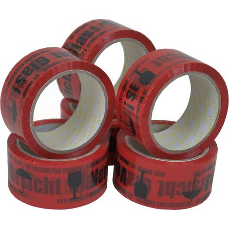 6 Rollen Packband Klebeband Vorsicht Glas Rot Paketband 48 mm x 66 m (1/2)