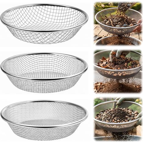 Gartensieb aus Metall, 30cm Kompostsieb mit 3/6/10 mm Maschenweite, Rundes Sandsieb, Stapelbares Steinsieb zum Reinigen von Erde und Sand, Verfeinern von Kompost und Aussortieren von Steinen