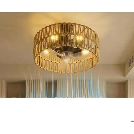 Ventilateur lumineux vintage en corde de chanvre 3 lampes (sans ampoules), plafonnier E27 silencieux pour ch VENTILATEUR DE PLAFOND (1/4)