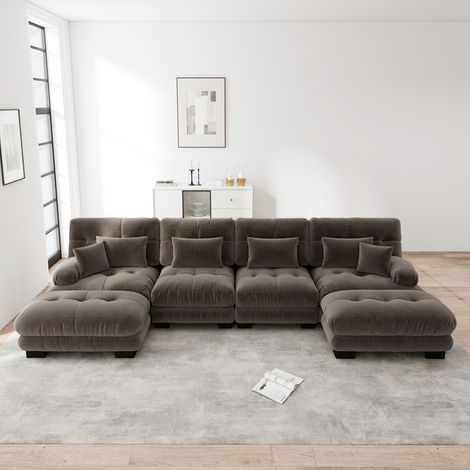 Divano modulare a U a 4 posti - 406x145x81 cm - Design Cloud con pouf - Comfort premium - Chenille - Marrone