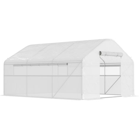 Serre de jardin 12 m² porte 2 grandes fenêtres enroulables maillées blanc (1/5)