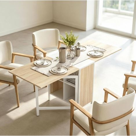 Table extensible pliante 170 x 60 x 75 cm, MDF et acier, blanc et chêne clair DESVIAE (1/5)