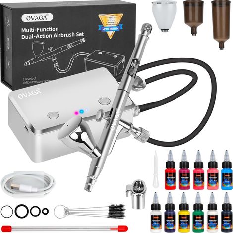 Kit d'Aérographe avec Compresseur 32 PSI, Ensemble d'Aérographe Double Action Multifonction Rechargeable Portable avec Coffret de 11 Peintures pour Airbrush, pour Nail, Peinture, Modelisme (1/5)