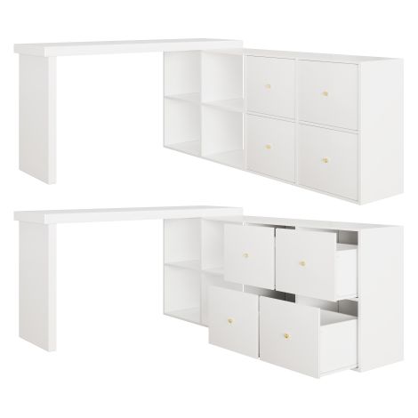 Bureau de travail modulable blanc à plateau pivotant à 360° avec caisson de rangement 4 tiroirs et étagères ouvertes dimensions plateau 120cm + module rangement 140cm hauteur 78cm pour bureau et chamb (1/5)