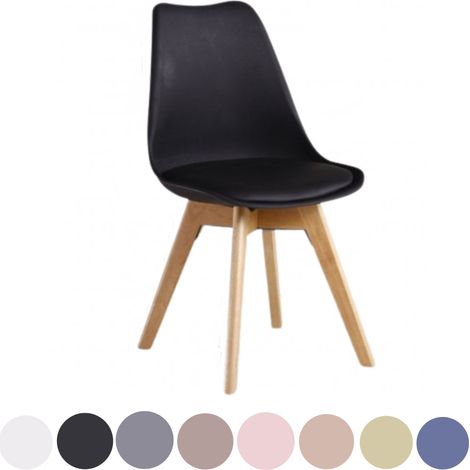 Chaise de salle à manger rétro rembourrée similicuir – Coque en polypropylène – Pieds en bois massif – Style scandinave – Noir – Pn Home