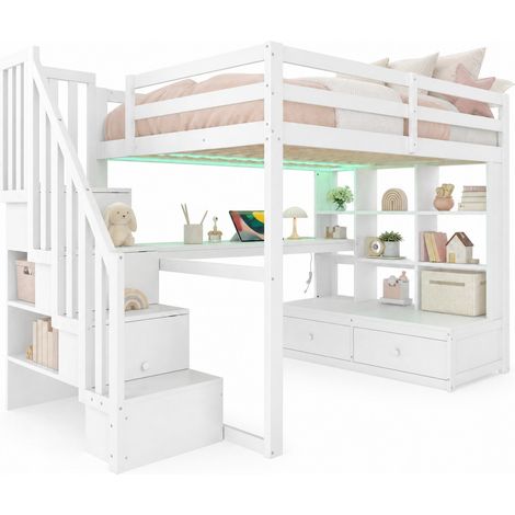 Lit mezzanine 140x200 avec bureau, étagères, 2 tiroirs intégrés, escalier de rangement et LED réglable, blanc, pour chambre gain de place - CHICFURN (1/5)