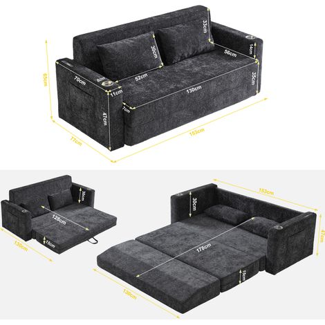 Sofá cama plegable de 2 plazas, chenilla negra y gris, USB, 2 cojines DESVIAE (1/5)