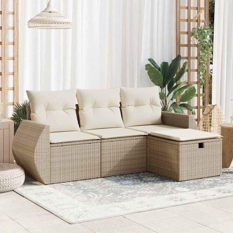 4-tlg. Garten-Sofagarnitur mit Kissen Beige Poly Rattan (1/5)