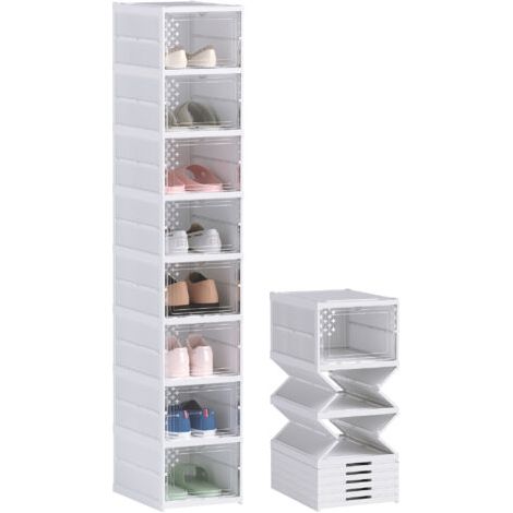 BUNTHAUS Lot de 8 boîtes à chaussures pliables en plastique empilables avec couvercles. pour pointure jusqu'à 43. blanc