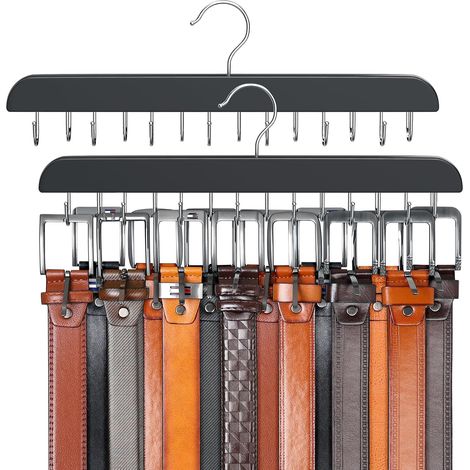 Lot de 2 Porte-ceinture, Crochet pivotant 360°, Bois massif, 14 crochets, Rangement placard (1/4)
