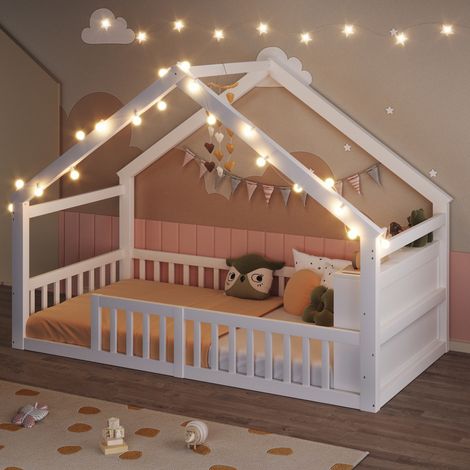 Lit Cabane enfant 90x190 cm, Lit au sol Montessori avec barrière de sécurité - lit maison en bois avec rangement - scandinave, blanc (1/5)