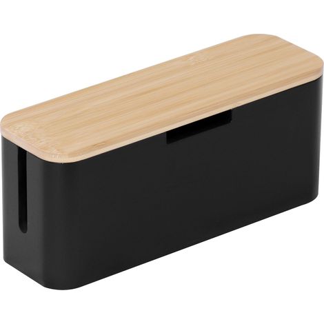 Relaxdays cable box for power strip, bamboo, lid HxWxD 14.5x34x11cm, hide cables, natural/black