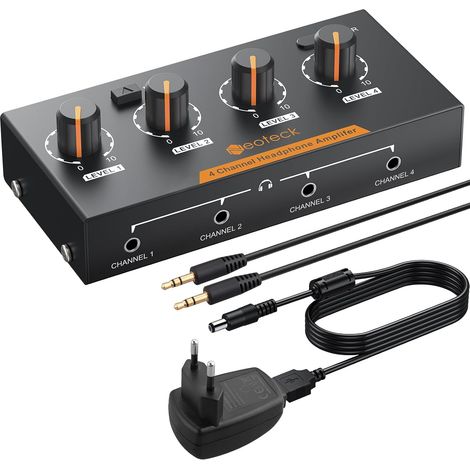 Amplificatore per cuffie stereo a 4 canali con controlli del volume, amplificatore audio mono/stereo a 4 canali in metallo con cavo audio da 3,5 mm per piccoli gruppi, club, bar, palchi e mixer. (1/5)