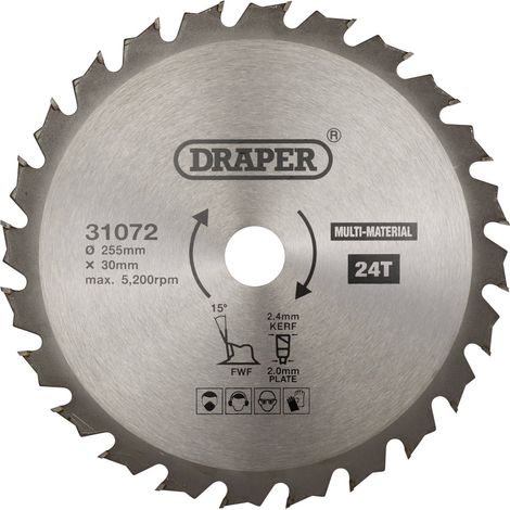 Draper TCT Multi-Purpose Circular Saw Blade, 255mm Diameter, 30mm Arbor, 24 Teeth, Model 31072 (1/5)