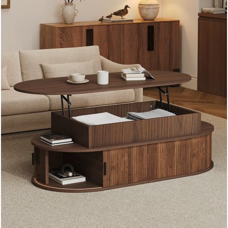 Table basse relevable ovale avec rangement et portes coulissantes, 100x50x40 cm, MDF finition noyer pour salon (1/5)