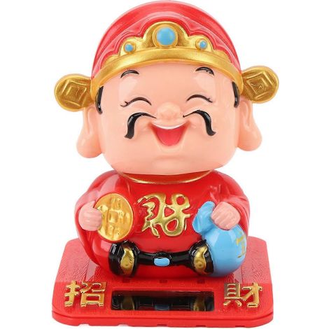 Cai Shen Statue mit Lichtsensor und automatischer Nickfunktion – Cai Shen Figur für Büro, Auto, Armaturenbrett, Hotel, Rot