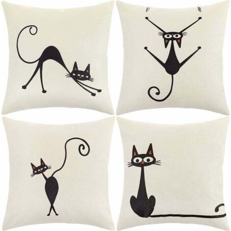 Housse de coussin 45x45 cm, lot de 4 housses de coussin décoratives à motifs floraux, marins et végétaux tropicaux pour canapé et fauteuil de salon (chat, coton et lin) (1/5)