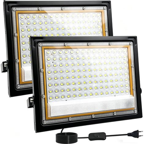 2 Pièces Projecteur LED Extérieur 100W, 1.5M Câble Blanc Froid 6500K Projecteur led, 10000LM Spot LED Extérieur IP66 Étanche, pour Jardins, Terrasses, Cours, Balcons, Parcs, Garages, Usines
