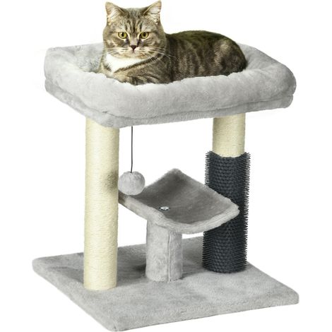 Arbre à chat - PawHut - petit modèle arbre à grimper tour de jeux poteau sisal balle - peluche - hauteur 48 cm - gris