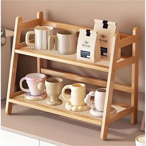 Organisateur de cuisine à 2 niveaux en bambou imitation rotin - Étagère à épices debout - Rangement et organisation des dosettes de café - Porte-tasses (40 x 18 x 29 cm) (1/5)