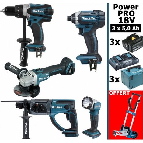 Pack Makita Power PRO 18V: DDF458 DHR202 DGA504 DTD152 Lampe Torche 3 batt 5Ah 3 coffrets OFFERT 1 chariot diable MAKITA (1/5)