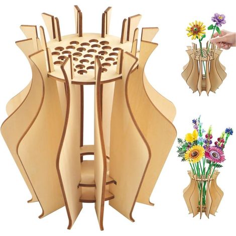 Beyamis Vase en bois pour fleurs Lego, kit de construction de vase à roses, vase en bois pour bouquet de fleurs Lego, présentoir pour les amateurs de fleurs Lego, cadeau pour (1/5)