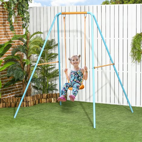 Columpio de jardín para niños de 3 a 8 años, fabricado en acero y PE, con asiento y estacas, 163 x 145 x 181 cm, azul y naranja.
