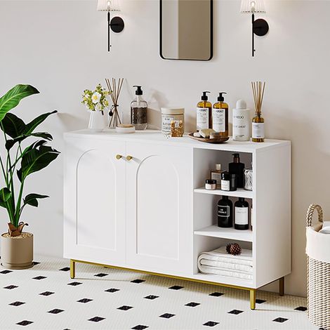 Meuble bas de salle de bain blanc MDF 35x100x75 cm – 3 étagères réglables – Kit anti-basculement inclus – Poignées chromées