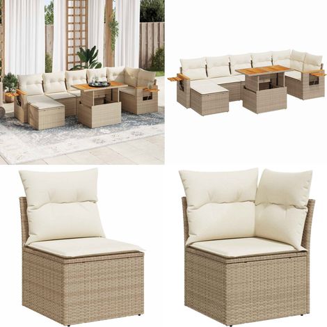 Set sofás jardín y cojines 8 pzas ratán sintético acacia beige - Cojines para jardín - Muebles de jardín
