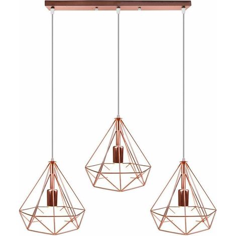 Lustre Suspension industrielle en forme Cage Diamant 3 Lumière E27 Eclairage Corde Ajustable pour Salon Restaurant Cuisine - Doré rose - Or Rose BLOW (1/4)