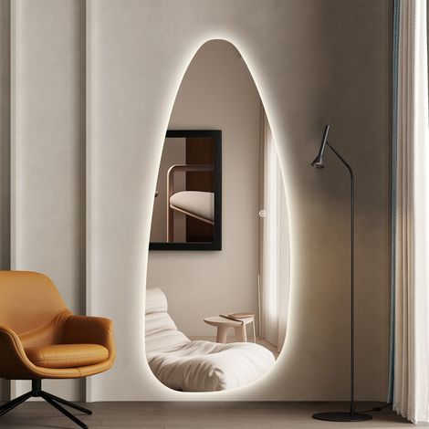 WDWRITTI LED Standspiegel 145x60cm Ganzkörperspiegel mit Beleuchtung Asymetrischer Spiegel mit Beleuchtung für Ankleidezimmer, Schlafzimmer, Wohnzimmer, Friseursalon