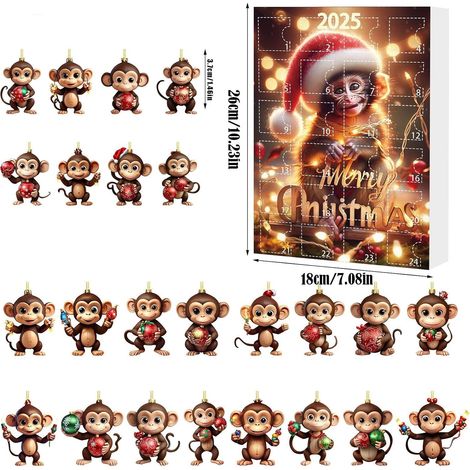 Calendrier De Noël Avec Pendentif Singe Mignon Déco Maison Déco Saisonnière 24 Pendentifs Singe Noël En Acrylique 2D Décorations Pour Maison Voiture Fêtes Anniversaire Chambre (1/2)