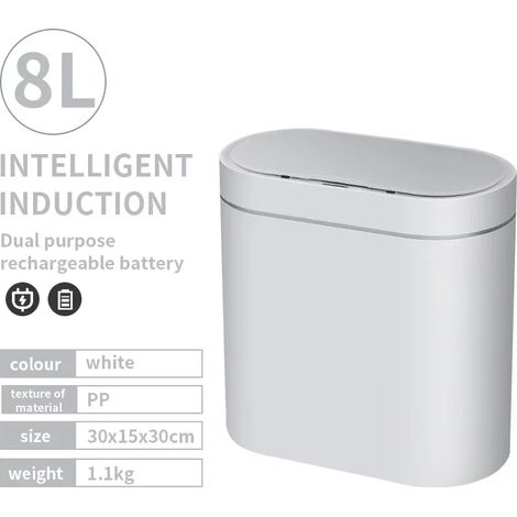Poubelle automatique à capteur intelligent (blanche, 8 L, rechargeable), étanche, idéale pour la cuisine et la salle de bain. (1/5)