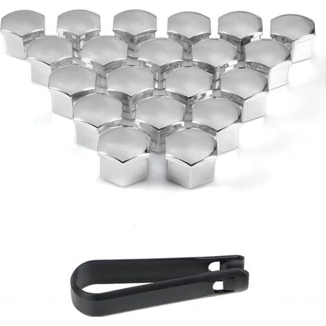 Cache-écrous de Roue, Ensemble de 20 Couvre-écrous de Roues universels en Plastique chromé avec Outil de démontage pour Voitures (Argent, 17mm) (1/5)