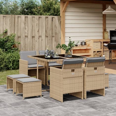 Set comedor de jardín 9 pzas con cojines ratán sintético beige vidaXL