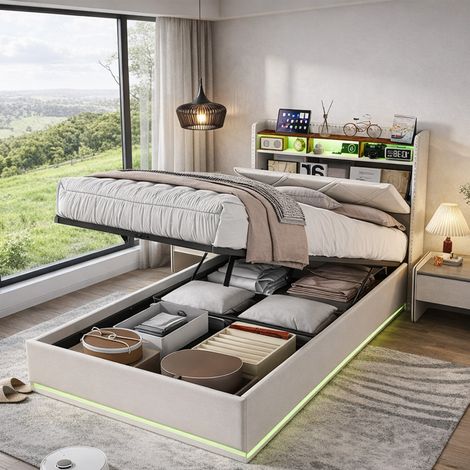 Lit Coffre 90x200cm avec Sommier - Éclairage LED RGB - Charge USB et Type-C - Rangement de Chevet - Lit Une Pace - en Lin Beige (1/5)