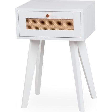 Table de Chevet DALGORA 1 tiroir avec cannage – 40 cm – Meuble Chambre Blanc Moderne – Rangement Pratique (1/5)