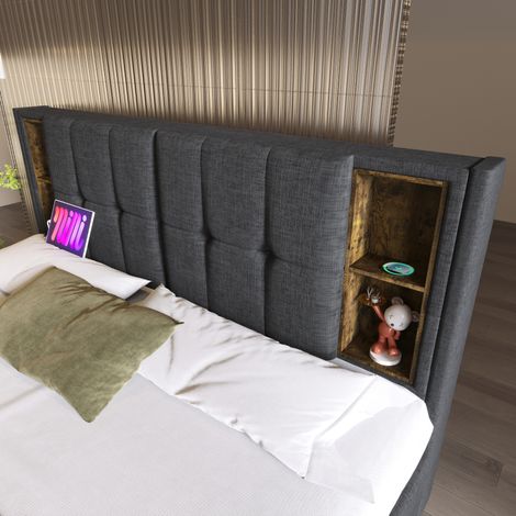 Lit double 160x200 cm avec chargeur sans fil USB-C, 4 tiroirs, cadre rembourré en lin gris, sommier en bois – avec matelas (1/4)