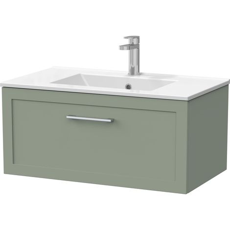 Stonnall Traditional Wall Hung 1 Drawer Vanity Unit with Minimalist Ceramic Basin, 800mm, Reed Green
